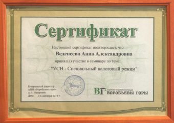 Сертификат: "УСН - специальный налоговый режим"